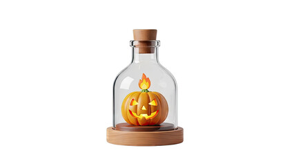 Jack-o'-lantern inside a glass bottle with a cork stopper