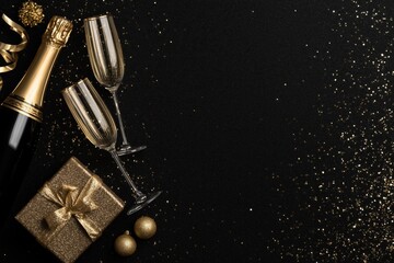 happy new year concept with a champagne bottle, glasses, and a gift box on a black background black and gold color theme Generative AI