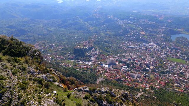 Aerial video from Mount Kruj&euml; looking down at the historic city of Kruj&euml; and surrounding green hills of Albania.