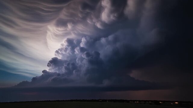 A colossal supercell thunderstorm dominates the night sky, its turbulent, illuminated clouds creating a dramatic natural spectacle over a vast, dark landscape, reflecting nature's raw force