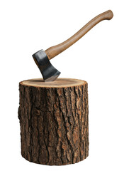 massive rugged tree stump chopping block with dark fissured bark and mahogany wood grain. heavy matte black splitting maul firmly wedged, isolated on bright white background with dramatic raking