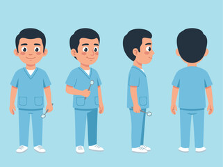 Fototapeta premium Male Nurse Character Set Front Side Back View.