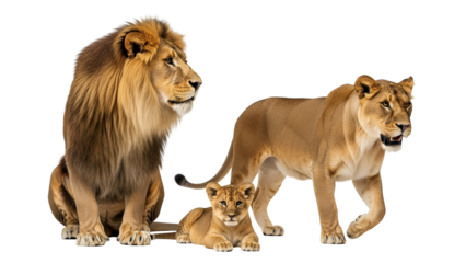 Majestic Lion Family Portrait with Cub Isolated on White Background