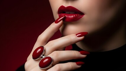 Woman with red lips and nails on valentine's day with love and romance concepts