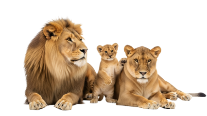 Majestic Lion Family Portrait with Cub Isolated on White Background