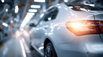 Modern car assembly line showcasing robotic technology in a sleek factory environment, highlighting innovation and efficiency in automotive manufacturing