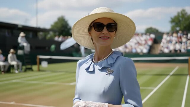 Woman fan in elegant light blue dress with hat and sunglasses watches tennis match on court, expressing happy emotion