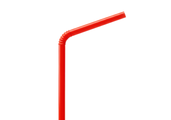 Macro photograph of a vibrant red plastic drinking straw, bent and isolated on a transparent studio background with vast copy space. Concept of minimalist advertising