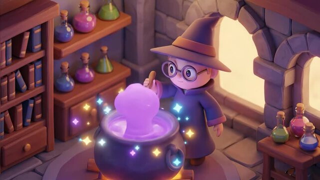 Little wizard boy stirring smoking potion in cauldron for alchemy concept