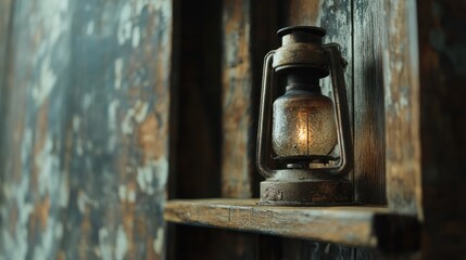 Vintage lantern on wooden shelf with soft lighting and rustic aesthetic