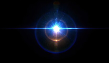 Bright light flare with blue and orange rays radiating outwards on a dark backdrop
