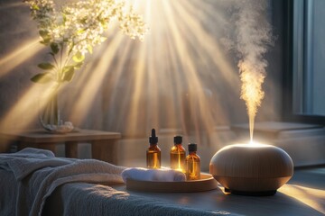 Relaxing atmosphere created by an essential oil diffuser with bottles in a serene environment