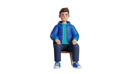 3D cartoon boy sitting on a chair, wearing a blue jacket and sneakers