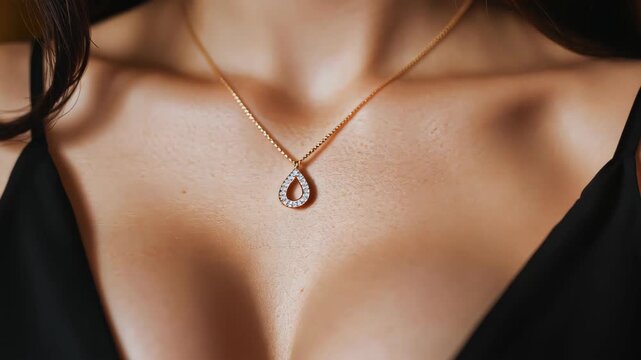 Golden Necklace Adornment: An exquisite gold necklace gracefully drapes upon a woman's d&eacute;colletage, the pendant sparkling with elegance. Capturing timeless allure and feminine charm.