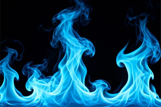 Abstract blue fire flames on dark black background, glowing methane gas ignition, spectral energy waves, dynamic motion heat and cold concept design