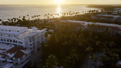 Sunrise Beach At Bavaro In Punta Cana Dominican Republic. Sunrise Skyline. Beach Landscape. Resorts...
