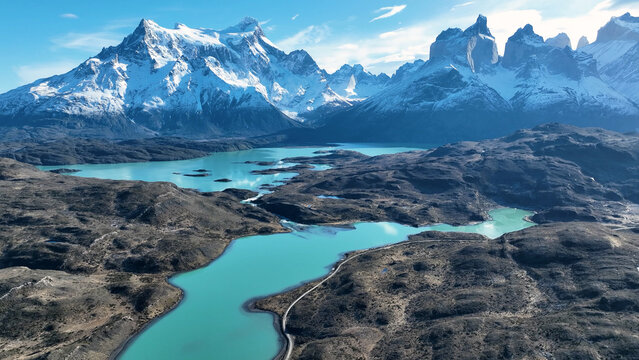 National Park In Torres Del Paine Punta Arenas Chile. Tropical River With A Scenic Forest Trees Viewed From Above. Snowy Lake Iceland Frozen. Snowy Lagoon Nature. Torres Del Paine Punta Arenas.