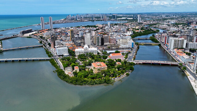 Northeastern Brazil Skyline In Recife Pernambuco Brazil. Bustling Downtown Cityscape With Modern Buildings. Town Sky Clouds Backgrounds Urban. Town Panorama. Recife Pernambuco.