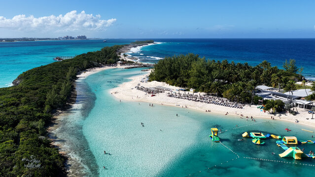 Blue Lagoon Island At Nassau In New Providence Bahamas. Beach Landscape. Shades Of Blue Watercolor. Travel Destination. Blue Lagoon Island In Nassau In New Providence Bahamas. Nature Seascape.