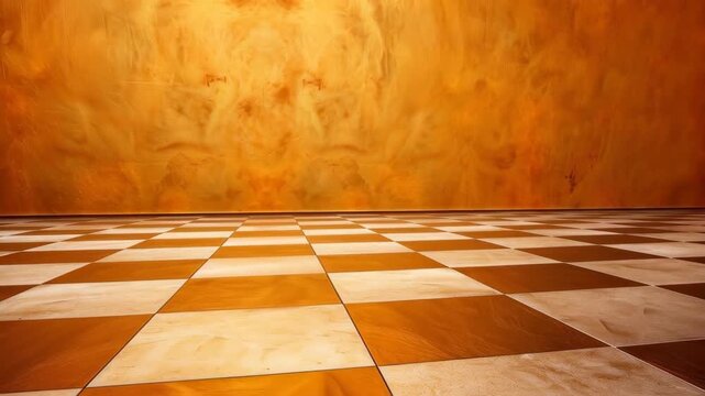 Textured Interior: A detailed perspective of an interior space, where a checkered floor leads the eye to a textured wall. The play of light and shadow, the warm color palette.