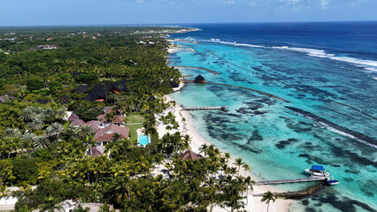 Naklejka premium Punta Cana Skyline At Punta Cana In La Altagracia Dominican Republic. Caribbean Skyline. Beach Landscape. Nature Seascape. Punta Cana Skyline In Punta Cana In La Altagracia Dominican Republic. Scenic 
