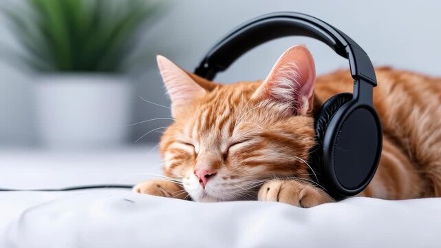 Melody's Serenade: A ginger cat, enveloped in the rhythm of music, luxuriates in tranquility, headphones perfectly framing its blissfully closed eyes.