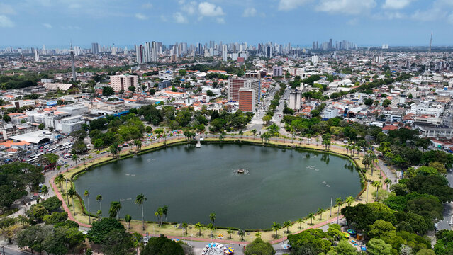 Solon De Lucena Park In Joao Pessoa Paraiba Brazil. Modern City Center With Skyscrapers Reflecting The Urban Life. Town Sky Clouds Backgrounds Urban. Town Outdoor Downtown Panning Wide.