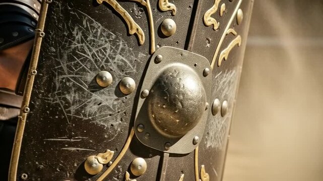 Close-up of a Roman Gladiators Shield and Armor in a Historical Reenactment.