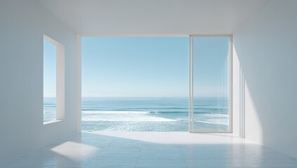 Fototapeta premium Bright, minimalist room with panoramic ocean view through large windows. Sunlight streams in