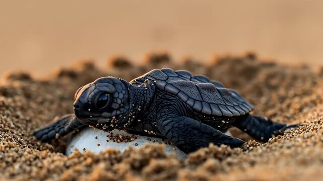 Emerging Journey of a Sea Turtle: A newborn sea turtle embarks on its first journey, emerging from its sandy nest on the beach, its determined gaze fixed on the horizon, promising a life of adventure.