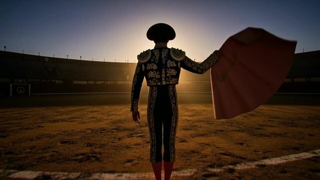 Silhouette of a Matador in a Bullring at Sunset.