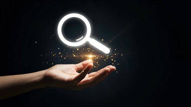 Seeking Clarity: An outstretched hand delicately cradles a luminous magnifying glass, illuminating the pursuit of knowledge and the quest for answers amidst a sea of darkness.