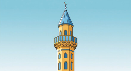 Obraz premium Vibrant yellow mosque minaret with blue dome and crescent moon