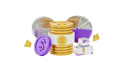 3D Financial Icons: Coins, Pie Chart, Cubes, and Pyramids