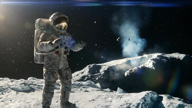Man astronaut exploring lunar surface with dust and debris erupting from rock. Space exploration mission.