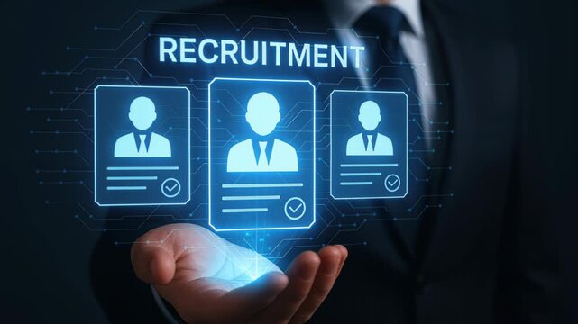 Recruitment Strategy in action: A conceptual image showcases a human hand cradling the essence of modern recruitment and talent acquisition process. This visuals represent an interface design.