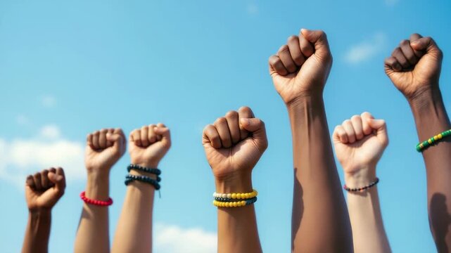 Diverse raised fists against blue sky symbolizing unity and strength