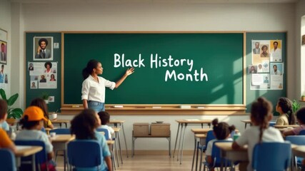 Teacher explaining black history month in diverse classroom setting - Powered by Adobe