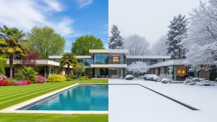 Obraz premium A contemporary house with poolside terrace changes from green summer landscape to snowy winter showcasing seasonal contrast and stylish outdoor living.