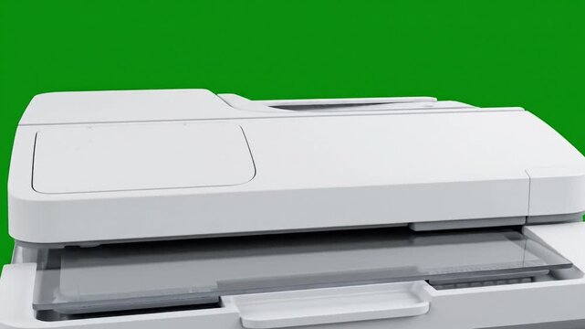 Modern Document Scanner with Open Lid and Paper Ready for Scanning on Green Background.