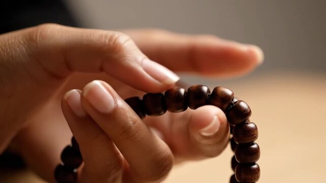 Ultra-detailed close-up cinematic video of prayer beads slowly moving through fingers. Neutral background, soft controlled studio lighting, shallow depth of field, realistic material texture, meditati