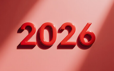 Modern 2026 Calendar: Red Typography and Illustration on Pink Decorative Background
