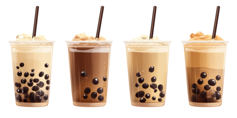 Four delicious flavors of boba tea in clear plastic cups with straws