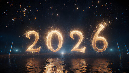 New Year 2026 Fireworks Celebration: Illuminated Sky and Vibrant Water Reflection Display