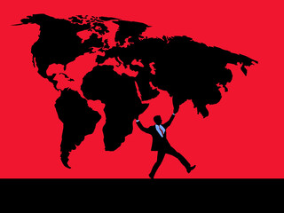 Carrying the weight of the world is a man who seems to be holding up to the challenge as he carries a map of most of the earth on his shoulders.