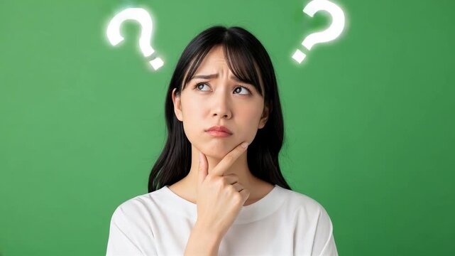 首を傾げて考える若い女性・クロマキー合成用素材