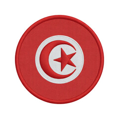 Fototapeta premium Embroidered Tunisia flag patch with vibrant red and white crescent moon and star emblem for national pride and cultural identity