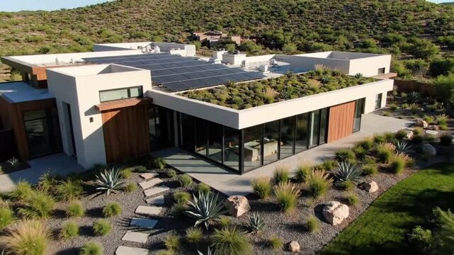 Aerial view of a modern house with a flat roof and solar panels, surrounded by desert plants and rocks in a well-manicured yard with a mountainous background.