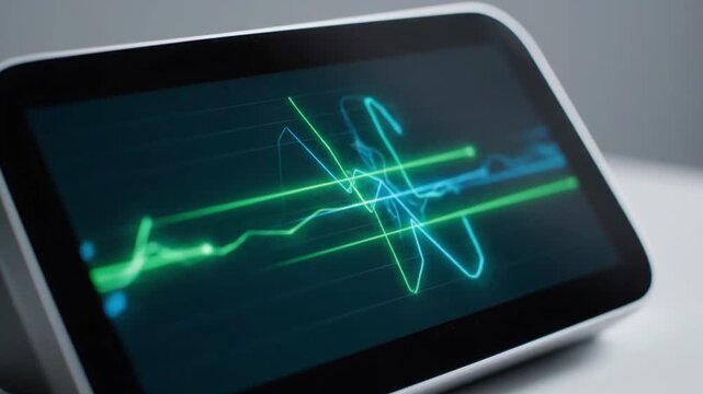 Close-up of a tablet displaying a green and blue line graph on a dark background, with a silver frame, on a white surface with a shallow depth of field and a calm mood.