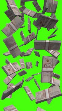 Vertical Thai Baht bills falling on chromakey, THB finance animation for social media